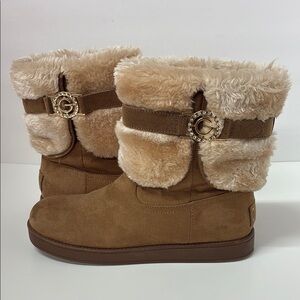 GBG Tan with Cream Fur-Lined Boots with Gold Buckle
